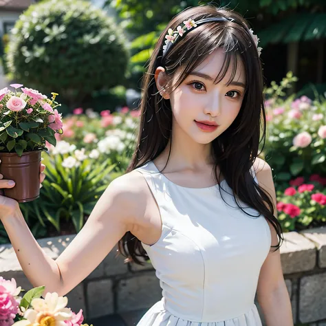 top-quality、8k picture、1girl in, :D, Bangs, black hairband, Blonde hair, Blurry, Blurry background, depth of fields, Dress, flower, flower pots, frilly dress, frilld,White white dress, Green eyes, shairband, Holding, Long hair, Open mouth, pink flowers, pl...