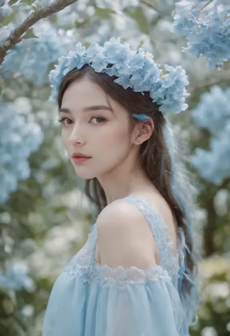 (absurderes, A high resolution, ultra - detailed, NFFSW, Cinematic), Solo, 1girl in, 18yr old, White flare　Chiffon　Short skirts fluttering, Girl standing in light blue garden, Light blue petals surround a girl, Slim body、smallunderboob、full bodyesbian, Blu...