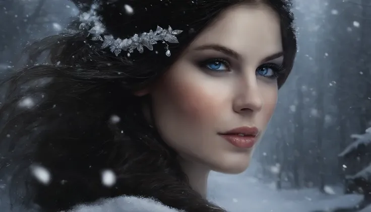 pintura do retrato de 1girl, Arwen, (Onze:0.5), (orelhas pontudas:0.3), cabelos pretos, olhos azuis, vestir, pele detalhada, fantasia, snowy nordic forest, estilo modelshoot, (CG extremamente detalhado), foto de belas obras de arte, (Antonio Moro), (Jeremy...