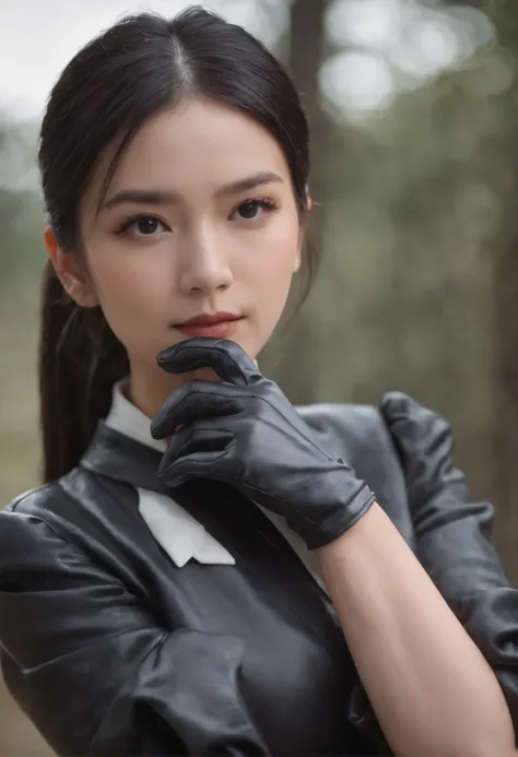 Black leather gloves, black suit, black hair, ponytail, Japanese girl, ribbon tie blouse, upper half