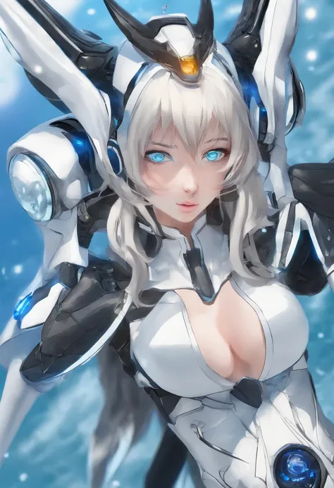 Cirilla Fiona Elen Riannon，Highest image quality，Outstanding details，超高分辨率，（Fidelity：1.4）, Favor the details，closeup cleavage，The background is a scene of a cosmic celestial body，High-tech dragon knight mech，He has a delicate and beautiful face，（（Blue-whit...