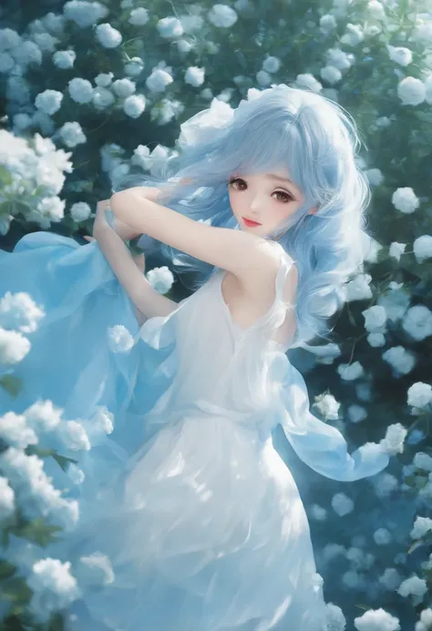 (absurderes, A high resolution, ultra - detailed, NFFSW, Cinematic), Solo, 1girl in, 18yr old, White flare　Chiffon　Short skirts fluttering, Girl standing in light blue garden, Light blue petals surround a girl, Slim body、smallunderboob、full bodyesbian, Blu...