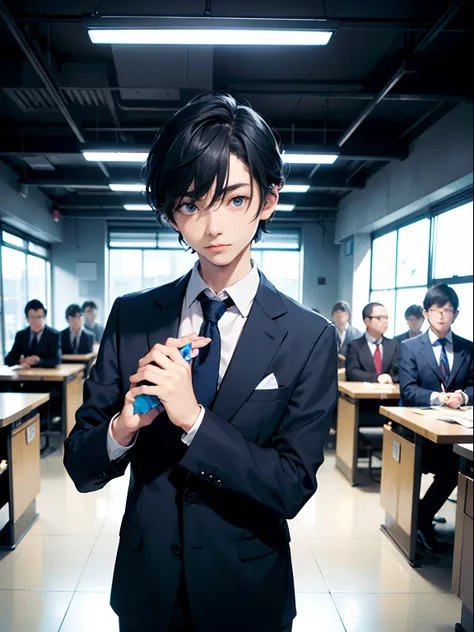 1boy,11 only、(Mans :2),(bobhair:1.5)、A dark-haired、Dark blue suit、Brightly colored ties、natta、Cluttered office、Fluorescent pale lighting、hightquality、masutepiece,8K,hight resolution、