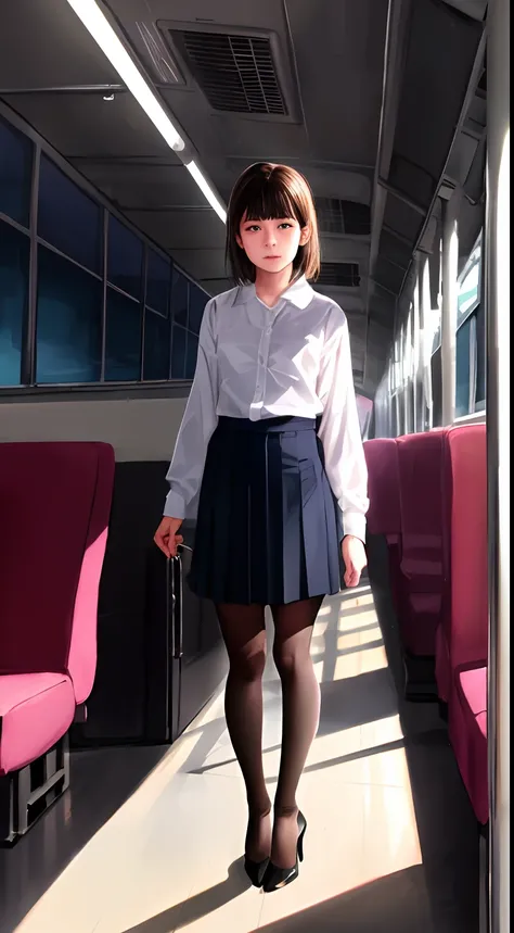 ((14 year old pre-teen girl)), long blouse, tiny pleated skirt, waist-high black tights, high heels, full body photo, very fair skin, shaved hair, busy train car, photorealistic, indirect lighting, volumetric light, ray tracing, hyperdetailed