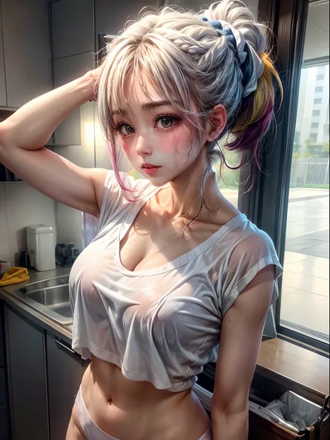 Ponytail hair color々　Wipe sweat with a towel　White shirt with sheer colored underwear　Cute woman worker