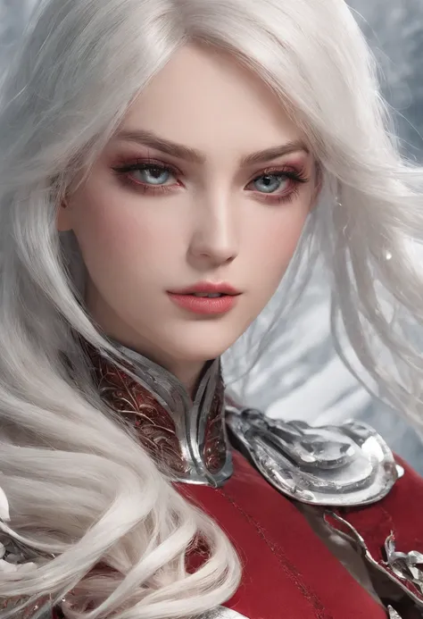 Alanya high wind，Highest image quality，Outstanding details，超高分辨率，（Fidelity：1.4）, Favor the details，closeup cleavage，dawn，Snow，winter，Behind it is the wizards sword，He has a delicate and beautiful face，（（Red and white semi-mechanical body：1.8）），Raised sexy，...