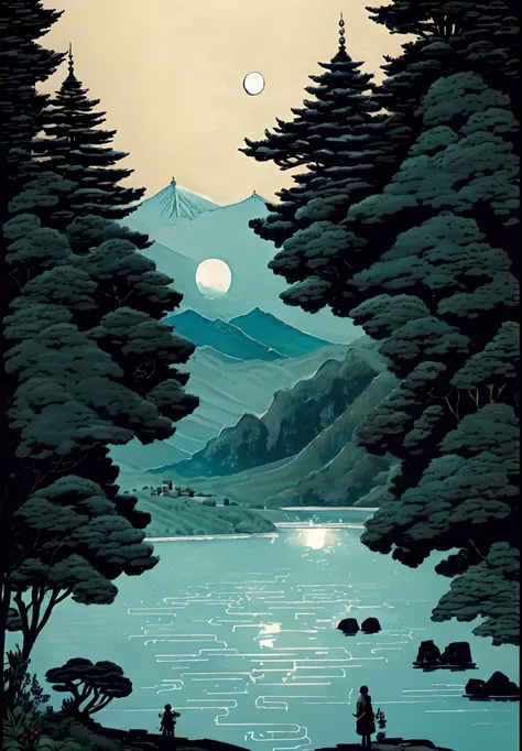 Enjoy mountain views with the river and pagoda and moon, A beautiful artwork illustration, highly detailed digital artwork, 4k highly detailed digital art, highly detailed digital painting, intricate digital painting, Beautiful digital artwork, scenery art...