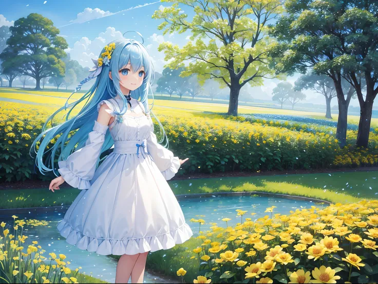 (hight resolution、ultra-detailliert、nffsw、movie)、独奏、1girl in、Happiness、Girl Standing In Yellow Flower Field、Girl around the petals、A charming smile、full body Esbian、Long-haired girl with blue hair、lightblue hair、facing front、Fantasia、Official art、pop-art、p...