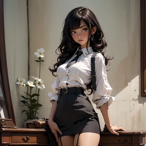 Close up potrait of a black skirt, neck tie, Cutter shirt　suspenders, Long Black Hair, Gray eyes, holster, Garter belt on the legs, , Big breasts, Pichi Pichi clothes, both sides　deadpan　Behind, 1 girl,, solo (close up)(potrait photography)