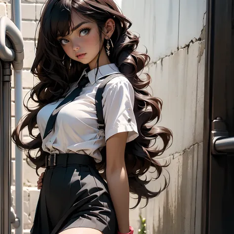 Close up potrait of a black skirt, neck tie, Cutter shirt　suspenders, Long Black Hair, Gray eyes, holster, Garter belt on the legs, , Big breasts, Pichi Pichi clothes, both sides　deadpan　Behind, 1 girl,, solo (close up)(potrait photography)