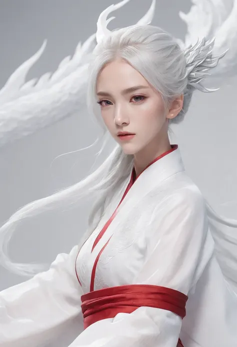 Elania Haywind，动态照明，art  stations，poster for，Volumetriclighting，Very detailed faces，4k wallpapers，Award-Awarded，1 girl with white hair，He has a delicate and beautiful face，long hair flowing，horse tailed，Fringed Hair Ornament，Dynamic perspective，White Hanfu...