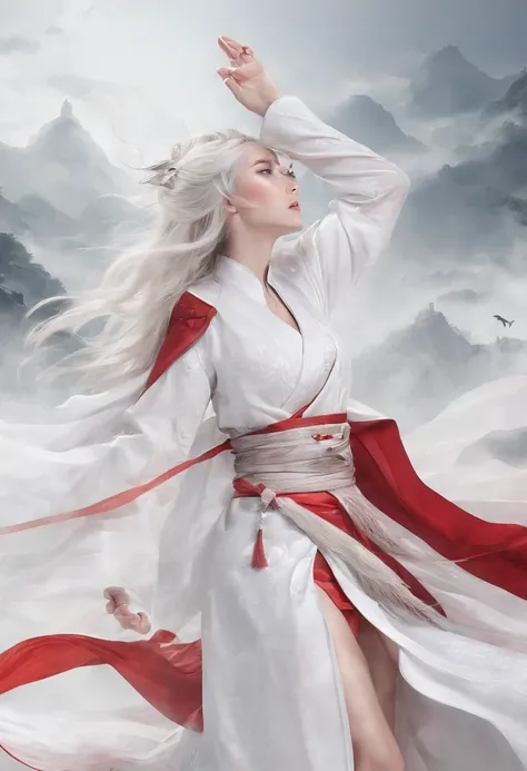 Elania Haywind，动态照明，art  stations，poster for，Volumetriclighting，Very detailed faces，4k wallpapers，Award-Awarded，1 girl with white hair，He has a delicate and beautiful face，long hair flowing，horse tailed，Fringed Hair Ornament，Dynamic perspective，White Hanfu...