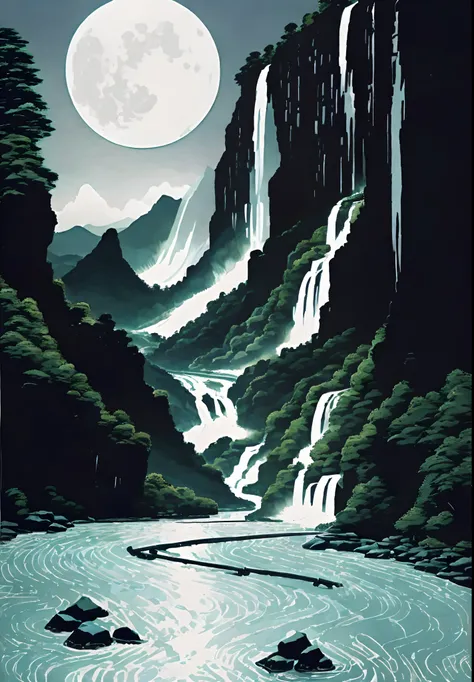 Enjoy the mountain view with river, village, waterfall and moon, a beautiful artwork illustration, highly detailed digital artwork, 4k highly detailed digital artwork, highly detailed digital paintings, intricate digital paintings, beautiful digital artwor...