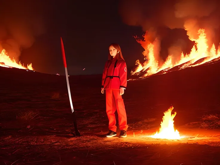 A young girl stands in the middle of the fire with a long sword，Red long-haired，Red JK suit