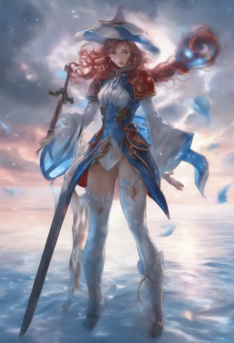 Elania Haywind，Highest image quality，Outstanding details，超高分辨率，（Fidelity：1.4）, Favor the details，closeup cleavage，dawn，Snow，winter，Wizard Sword，He has a delicate and beautiful face，（（Red and white semi-mechanical body：1.8）），Raised sexy，frontage，Futuristic，...