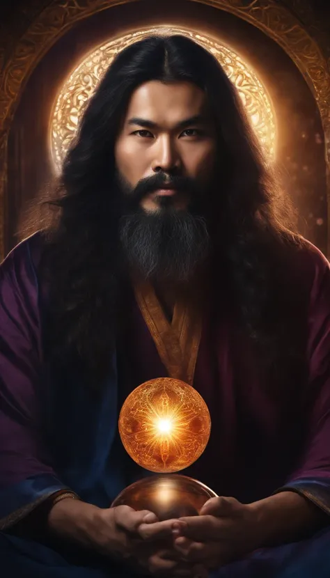 35-year-old middle-aged Asian man，Long hair，Long beard，Close-up of holding a crystal ball in his hand，staring right into camera，Meditate cross-legged, at centre，Clear facial features，Very bright colors, Light particles, with light glowing, Mshiv, wallpaper...