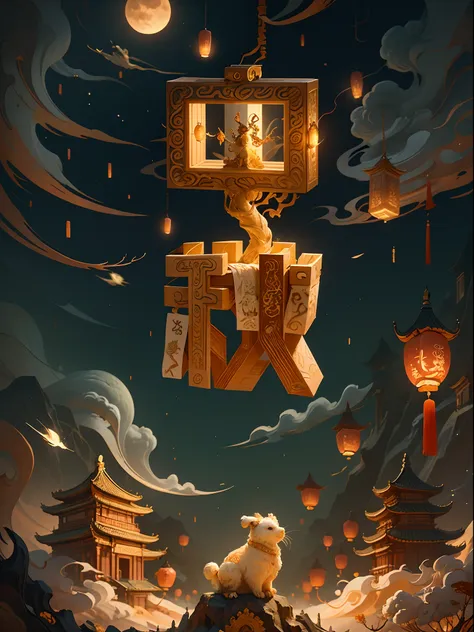 no human, (big moon)，an osmanthus tree，chang'e，jade rabbit，lanterns，palaces，cloud, chinese style,ivorygoldai, masterpiece,ultra ...