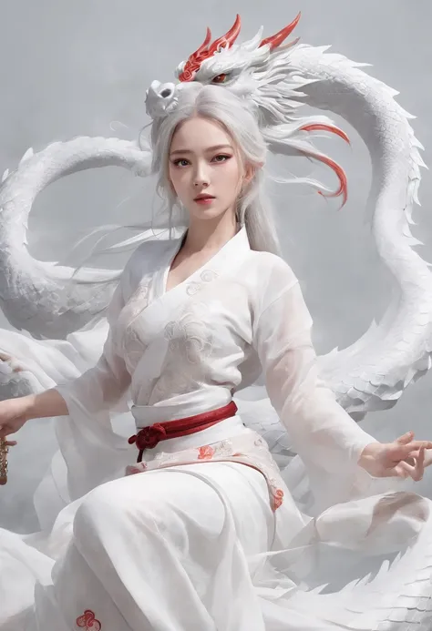 Elania Haywind，动态照明，art  stations，poster for，Volumetriclighting，Very detailed faces，4k wallpapers，Award-Awarded，1 girl with white hair，He has a delicate and beautiful face，long hair flowing，horse tailed，Fringed Hair Ornament，Dynamic perspective，White Hanfu...