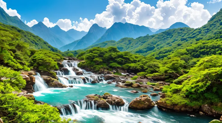 (best quality,4k,8k,highres,masterpiece:1.2),ultra-detailed,(realistic,photorealistic,photo-realistic:1.37),cascading waterfall,natural landscape,vibrant vegetation,towering mountains,immersive experience,sunlit,stunning,colorful foliage,tumbling water,ref...