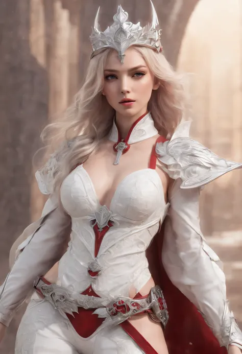 Elania Haywind，Highest image quality，Outstanding details，超高分辨率，（Fidelity：1.4）, Favor the details，closeup cleavage，dawn，Snow，winter，Wizard Sword，He has a delicate and beautiful face，（（Red and white semi-mechanical body：1.8）），Raised sexy，frontage，Futuristic，...