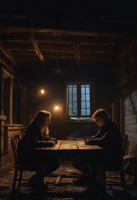 Two young teenagers, wearing black jackets, sitting at a wooden table, inside a destroyed and deteriorated house, at night, moonlight, the sky of the house is open, photorealistic, high detail,wet clothes, rain