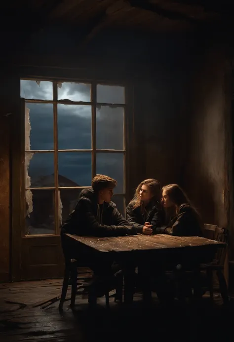 Two young teenagers, wearing black jackets, sitting at a wooden table, inside a destroyed and deteriorated house, at night, moonlight, the sky of the house is open, photorealistic, high detail,wet clothes, rain