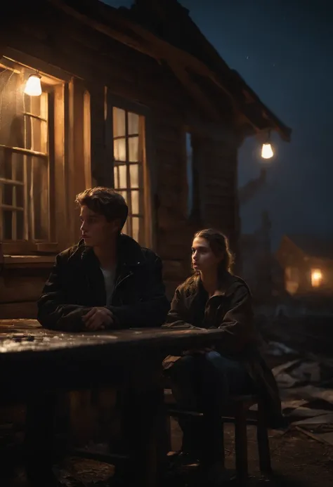 Two young teenagers, wearing black jackets, sitting at a wooden table, inside a destroyed and deteriorated house, at night, moonlight, the sky of the house is open, photorealistic, high detail,wet clothes, rain