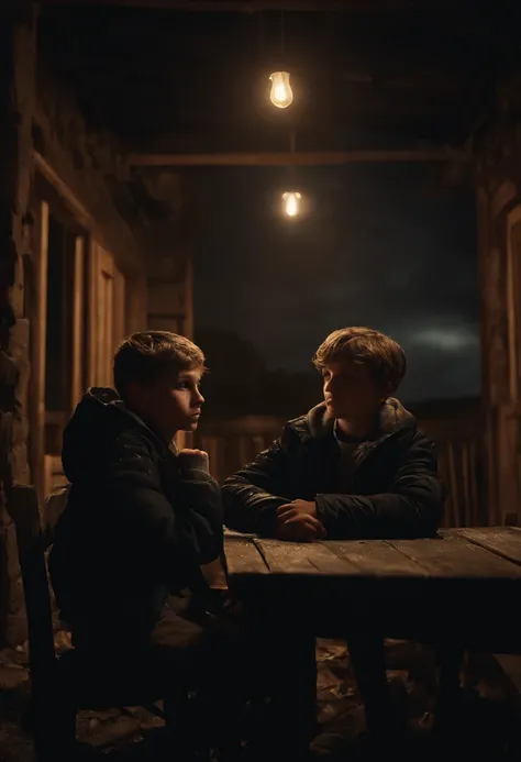 Two young boys, 18 years old, wearing black jackets, sitting at a wooden table, inside a destroyed and deteriorated house, at night, moonlight, the sky of the house is open, photorealistic, high detail,wet clothes, rain