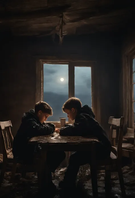 Two young boys, 18 years old, wearing black jackets, sitting at a wooden table, inside a destroyed and deteriorated house, at night, moonlight, the sky of the house is open, photorealistic, high detail,wet clothes, rain