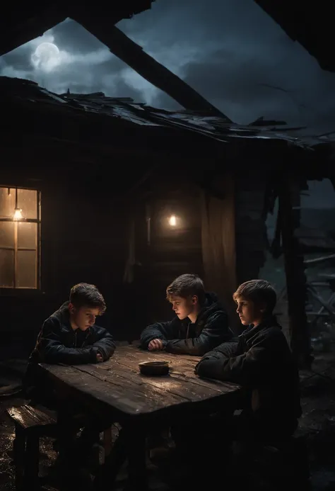 Two young boys, 18 years old, wearing black jackets, sitting at a wooden table, inside a destroyed and deteriorated house, at night, moonlight, the sky of the house is open, photorealistic, high detail,wet clothes, rain