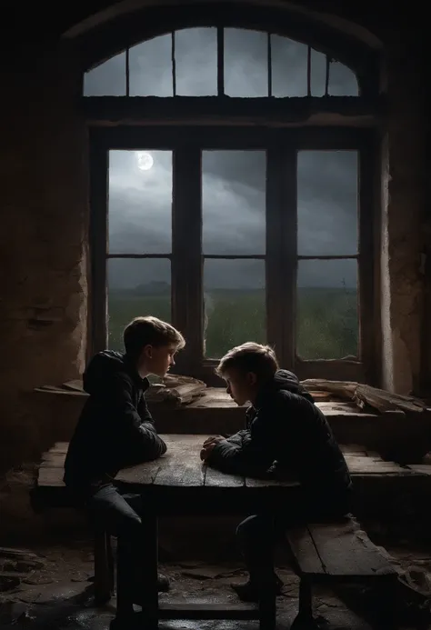 Two young boys, 18 years old, wearing black jackets, sitting at a wooden table, inside a destroyed and deteriorated house, at night, moonlight, the sky of the house is open, photorealistic, high detail,wet clothes, rain