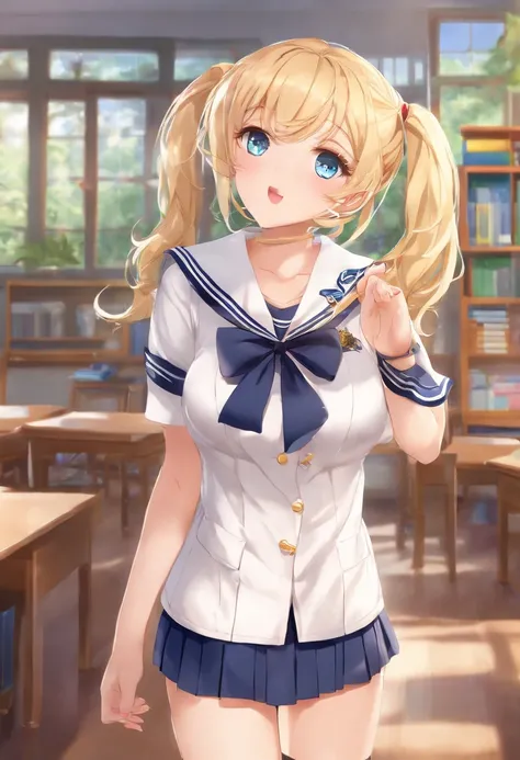 (best quality,realistic:1.37), detailed blonde hair, detailed blue eyes, detailed lips, school uniform with sailor suit, white frog-patterned panties, playful and sweaty atmosphere, lively and energetic classroom, mischievous girl showing her panties to cl...