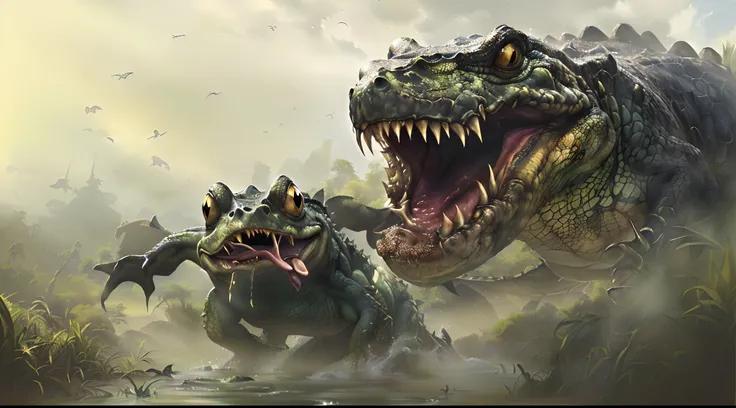 There is a large crocodile and a frog in the water,epic full color illustration, Game illustration, detailed game art illustration，photorealestic，Marshlands，ln the forest