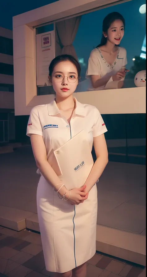 realistic photos of 1 cute Korean star, straight hair, hair flying, white skin, thin makeup, 32 inch breasts size, wearing waist tie shirt, university  building is backdrop, night, upper body portrait, Ghibli-like colours, UHD