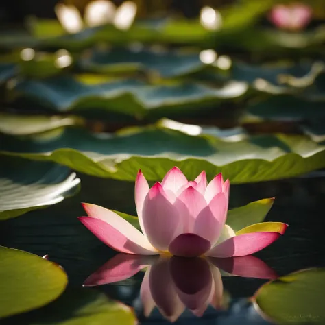 Lotus leaf, lotuses, Eau, courtyard, rays of sunshine, partially underwater shot, symmetry, polar opposites, close-up, Romanticism, Op art, Contemporary art, Luminism, cinematic lighting, sparkle, god rays, ray tracing, UHD, retina, masterpiece, ccurate, s...