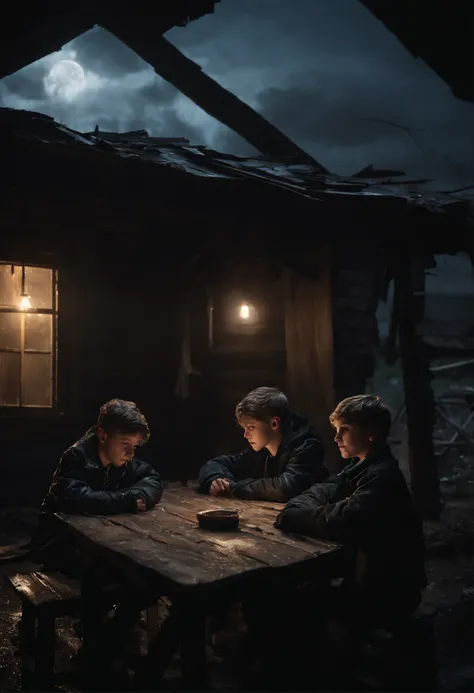 Two young boys, 18 years old, wearing black jackets, sitting at a wooden table, inside a destroyed and deteriorated house, at night, moonlight, the sky of the house is open, photorealistic, high detail,wet clothes, rain