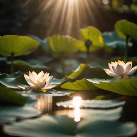 Lotus leaf, lotuses, Eau, courtyard, rays of sunshine, partially underwater shot, symmetry, polar opposites, close-up, Romanticism, Op art, Contemporary art, Luminism, cinematic lighting, sparkle, god rays, ray tracing, UHD, retina, masterpiece, ccurate, s...