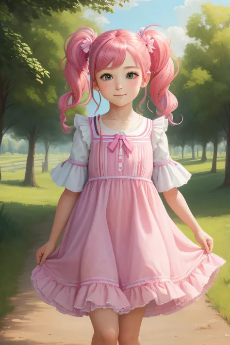 masterpiece, high quality, 8k, exquisite, colorful, Ponkie Brewster the girl with pigtails exploring the countryside with her loyal dog, flowing pink sundress and hair tied with bright ribbons blowing in the breeze,