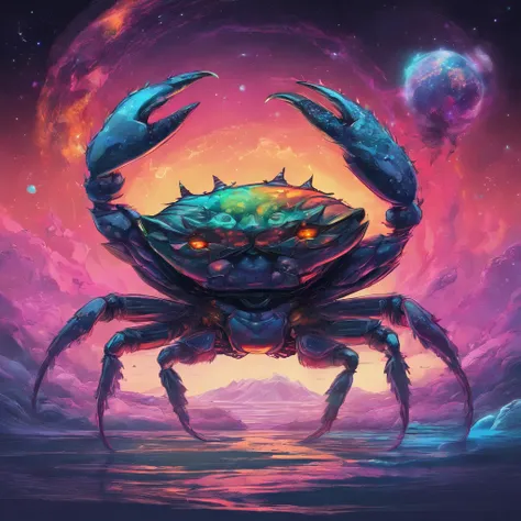 Crab Monster, forceful, Colossal, Crustacean, Drifting in Outer Space, Theme colors are rainbow colors