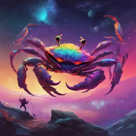 Crab Monster, forceful, Colossal, Crustacean, Drifting in Outer Space, Theme colors are rainbow colors