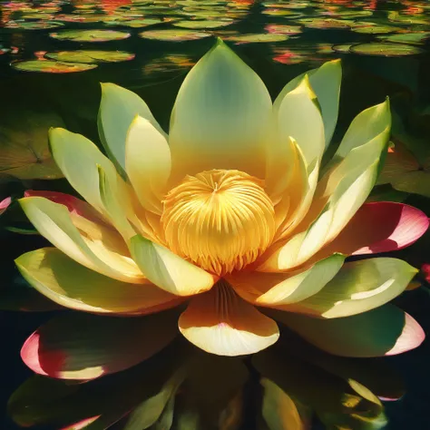 Lotus leaf, lotuses, Eau, courtyard, rays of sunshine, partially underwater shot, symmetry, polar opposites, close-up, Romanticism, Op art, Contemporary art, Luminism, cinematic lighting, sparkle, god rays, ray tracing, UHD, retina, masterpiece, ccurate, s...