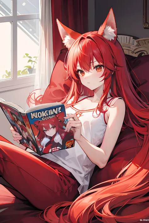 Red long-haired，Red fox ears，Lying in bed reading comic books