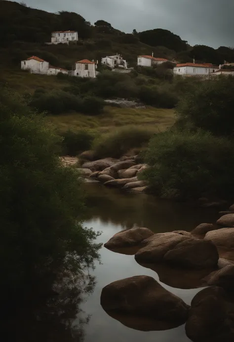 Make a picture of a place, tipo: a creek behind houses, anoite, pedras, areia. Uma cerca. dim sky.