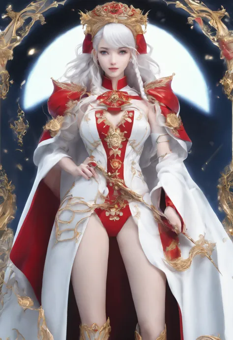 Elania Haywind，Highest image quality，Outstanding details，超高分辨率，（Fidelity：1.4）, Favor the details，closeup cleavage，dawn，Snow，winter，Behind it is the wizards sword，He has a delicate and beautiful face，（（Red and white semi-mechanical body：1.8）），Raised sexy，fr...