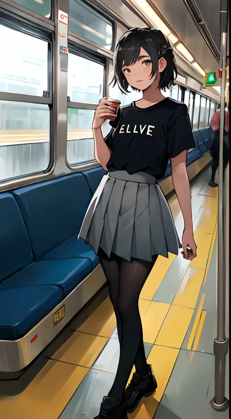 ((14-year-old preteen girl)), blusa longa, Tiny pleated skirt, Waist-length black pantyhose, salto alto, foto de corpo inteiro, pele muito clara, cabelo raspado, train car occupied, fotorrealista, Indirect lighting, volumetric light, ray tracing, hiperdeta...