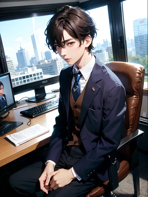 1boy,11 only、(Mans :2),(bobhair:1.5)、Brown hair、Dark blue suit、Brightly colored ties、Cluttered office、Natural lighting、hightquality、masutepiece,8K,hight resolution、