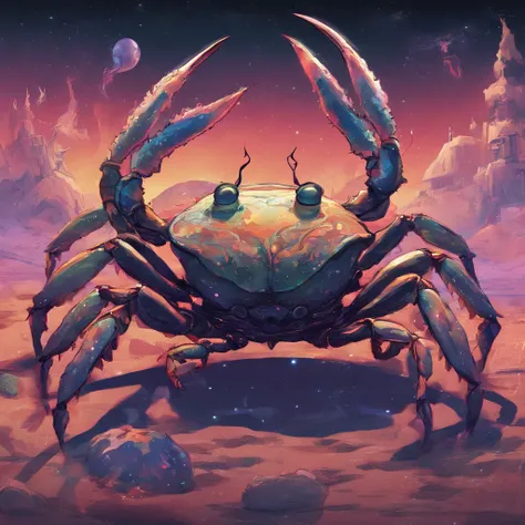 Crab Monster, forceful, Colossal, Crustacean, Drifting in outer space, Theme colors are iridescent, Shaped like fiddler crab