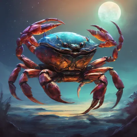 Crab Monster, forceful, Colossal, Crustacean, Drifting in outer space, Theme colors are iridescent, Shaped like fiddler crab