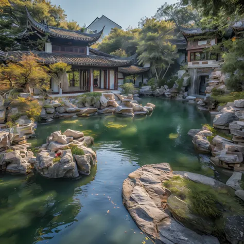 lakeside, ((waterfallr)), chinese mansion, small rivers, western-style garden, decorated with flowers,detail-rich, a fusion of c...