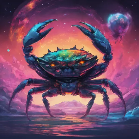 Crab Monster, forceful, Colossal, Crustacean, Drifting in Outer Space, Theme colors are rainbow colors